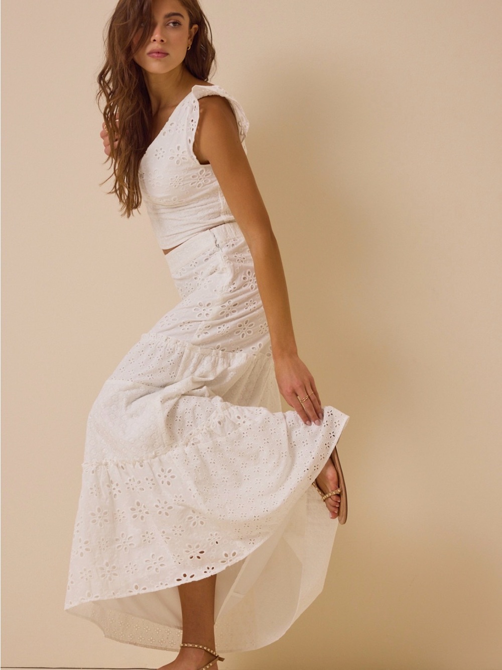 Altar'd State White Eyelet Tiered Maxi Skirt Set - Picture 3 of 7